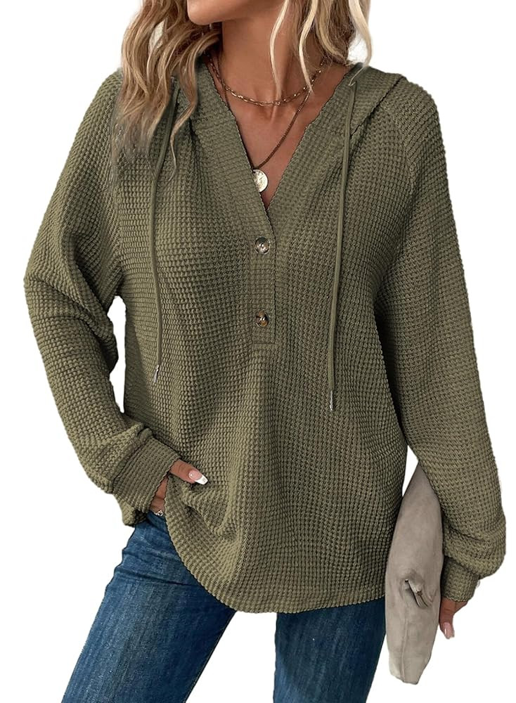 Dokotoo Hoodies for Women Waffle Knit Long Sleeve Drawstring Button V Neck Casual Pullover Sweats... | Amazon (US)