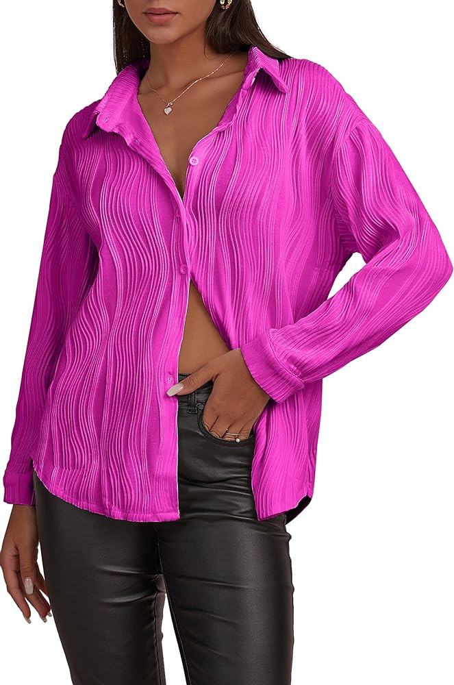 CHYRII Womens Textured Button Down Long Sleeve Shirt Casual Work Office Blouse Top | Amazon (US)