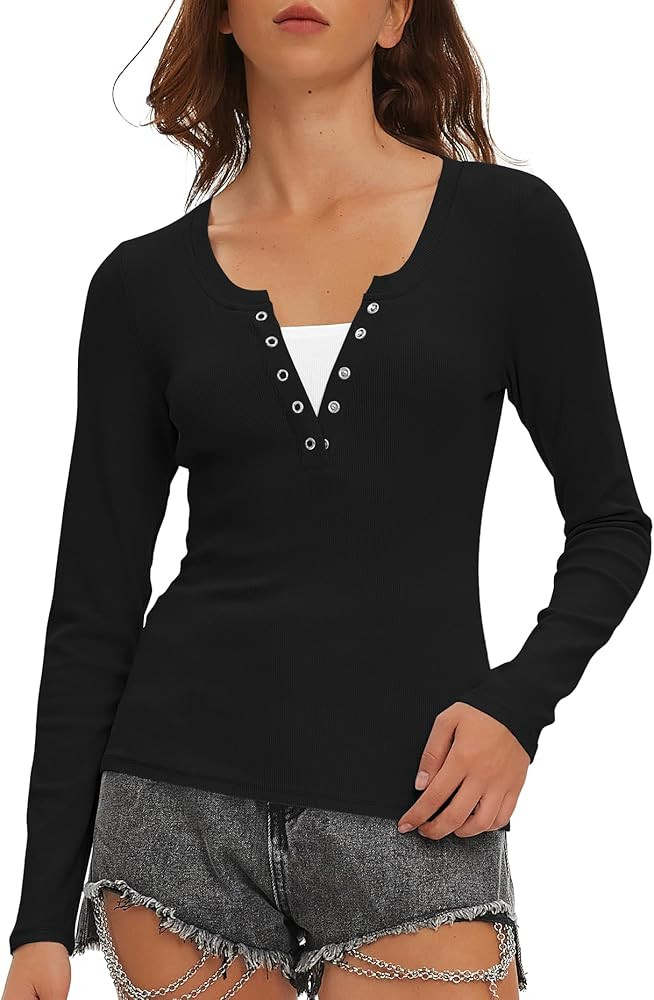 Beaully Womens Long Sleeve Shirts V Neck Henley Tops Slim Fit Basic Going Out Tshirts Fall Fashio... | Amazon (US)