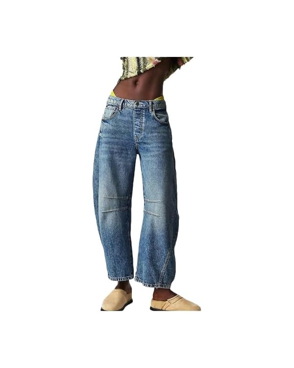 Women's Baggy Boyfriend Jeans Mid Rise Barrel Jeans Wide Leg Loose Y2k Cropped Denim Pants with P... | Amazon (US)