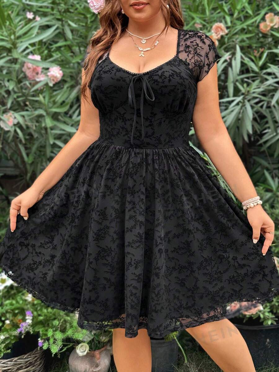 SHEIN WYWH Plus Size Women's Vacation Crushed Flocked Mesh Fabric Square Neckline Dress With Wais... | SHEIN