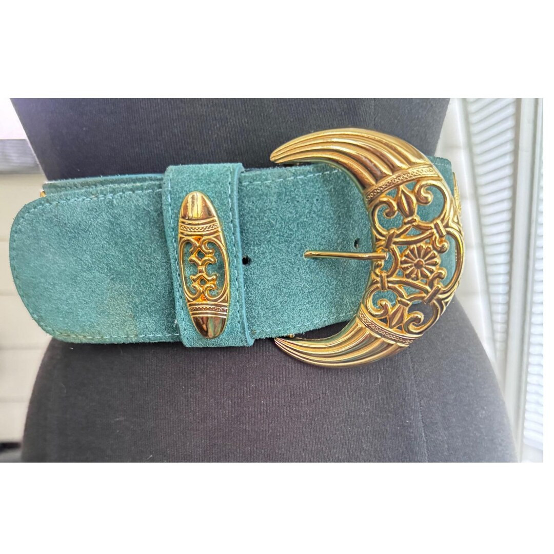 Vintage 80's Nan Lewis Green Suede Leather Belt Gold Tone Buckle Ornate Small - Etsy | Etsy (US)