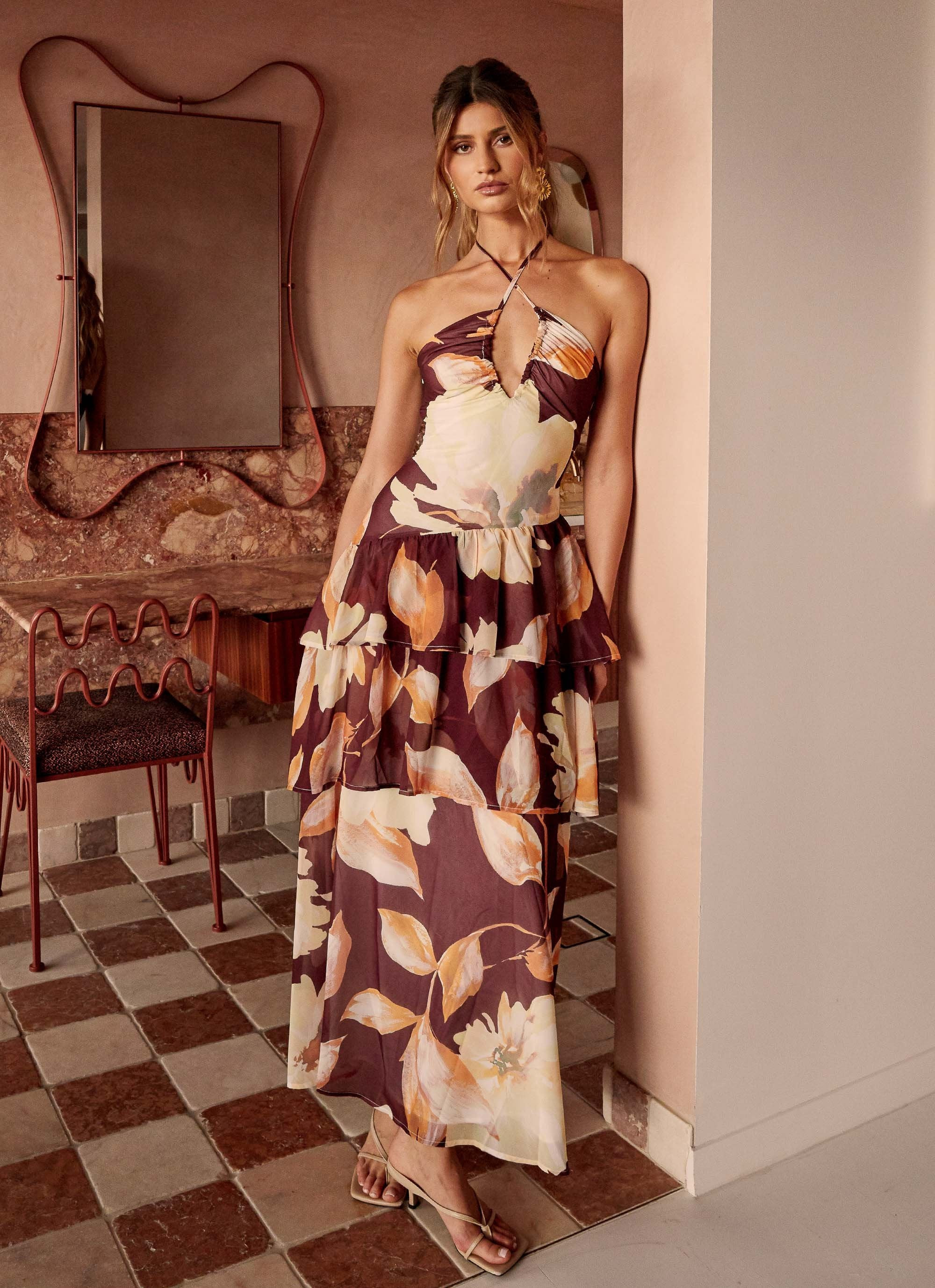 Sunset Chaser Maxi Dress - Brown Floral | Peppermayo (Global)