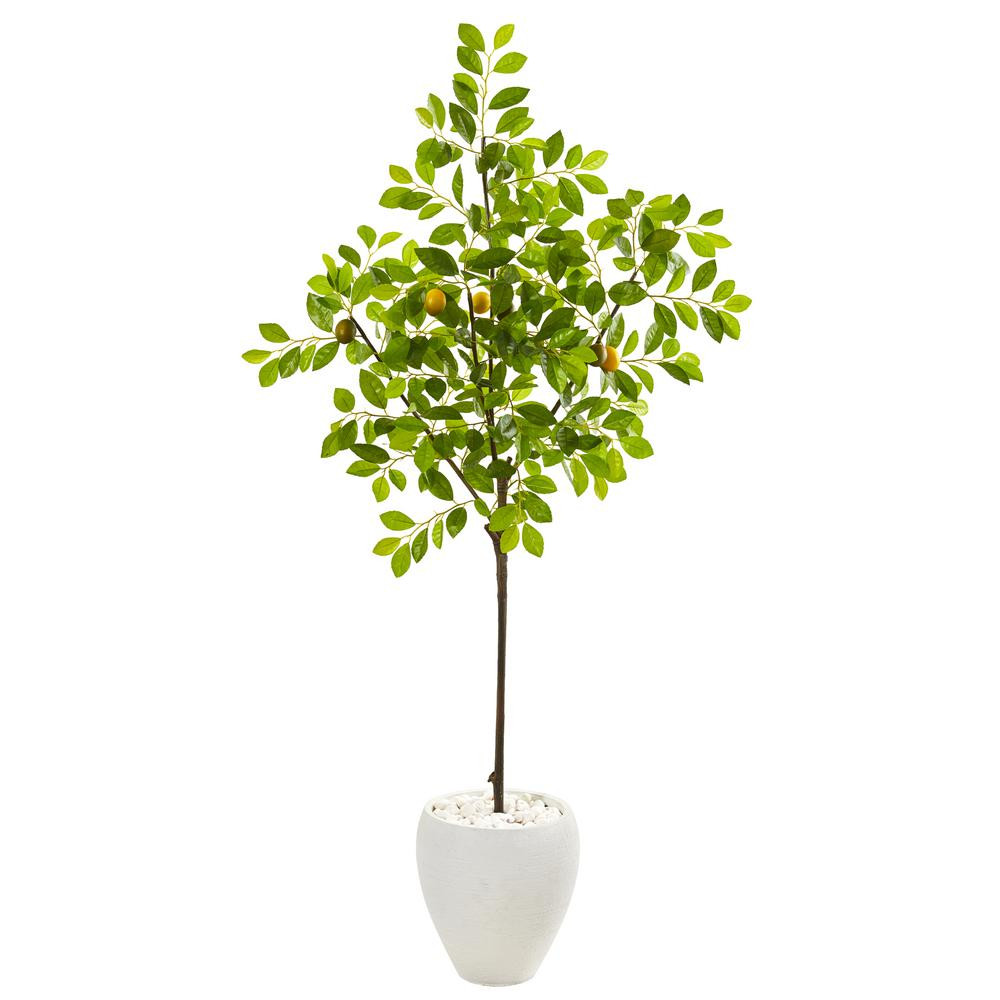 Nearly Natural 68 in. Lemon Artificial Tree in White Planter | The Home Depot