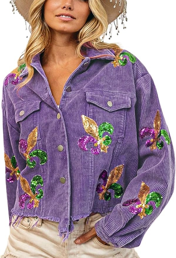 happlan Women's Sequin Embroidery Cropped Frayed Hem Vintage Washed Corduroy Jacket Coat Shacket ... | Amazon (US)
