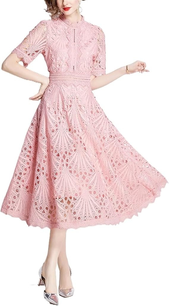 Vintage Lace Dress For Women - Casual Fashionable Midi Women's Summer Dresses, Pink Sundress | Amazon (US)