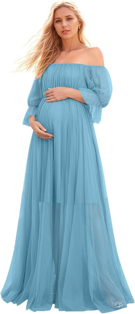 Women's Off Shoulder Tulle Maternity Dress for Baby Shower 2025 Ruffles Prom Gowns Tiered Boho Ma... | Amazon (US)