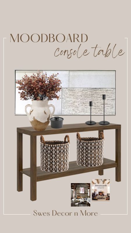 Console Table Mood-board / Design Board. 

Brown fall stems, wicker baskets, ceramic vase, black tapered candle holder, black ceramic catch all, rustic mirror. 

#potterybarnclearance #marshalls #consoletable #amazonhome #hmhome

#LTKhome #LTKSeasonal #LTKunder100