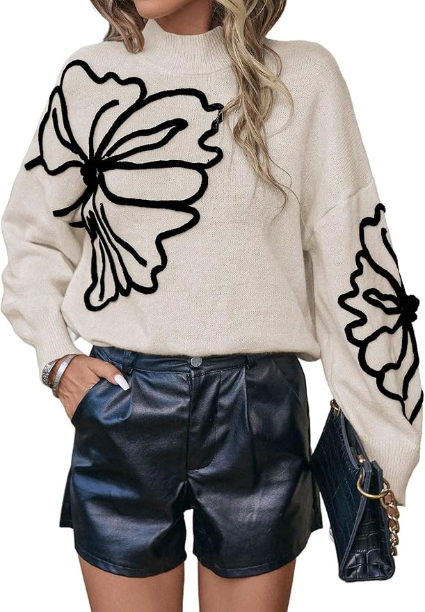 SISKIN Women's Off Shoulder Pullover Mock Neck Trendy Long Sleeve Knit Sweaters Cozy Cute Floral ... | Amazon (US)