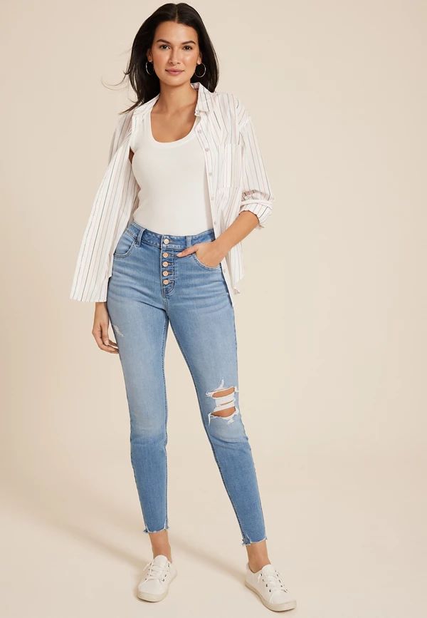 m jeans by maurices™ High Rise Ripped Button Fly Super Skinny Ankle Jean | Maurices