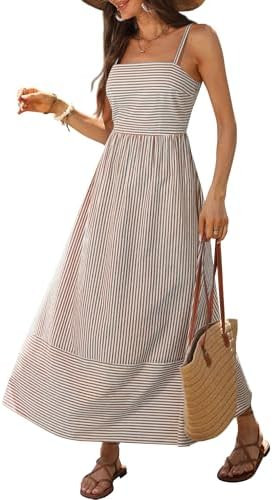 Caracilia Womens Maxi Dresses Gingham Spaghetti Strap Back Smocked Flowy Long Sundress Summer Bea... | Amazon (US)