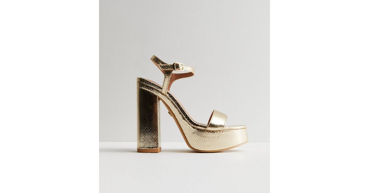 Little Mistress Gold Faux Croc Platform Block Heel Sandals | New Look | New Look (UK)