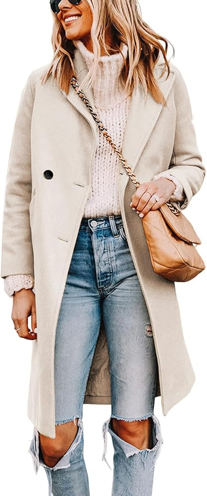 Tanming Women's Notch Lapel Double Breasted Wool Blend Mid Long Pea Trench Coat | Amazon (US)