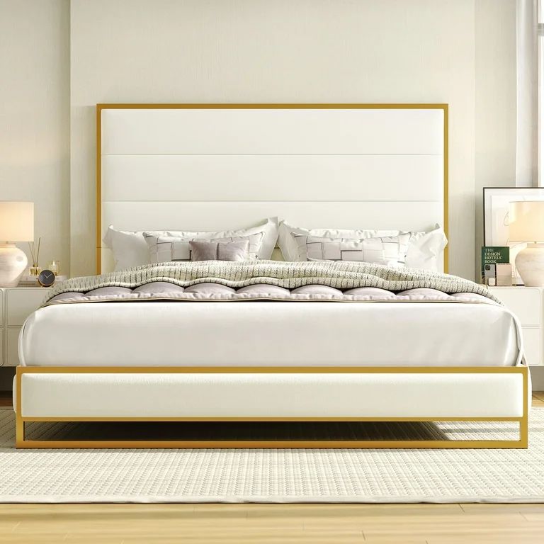 Homfa King Size 54.5" Tall Bed Frame, Modern Velvet Upholstered Platform Bed with Metal Frame, Of... | Walmart (US)