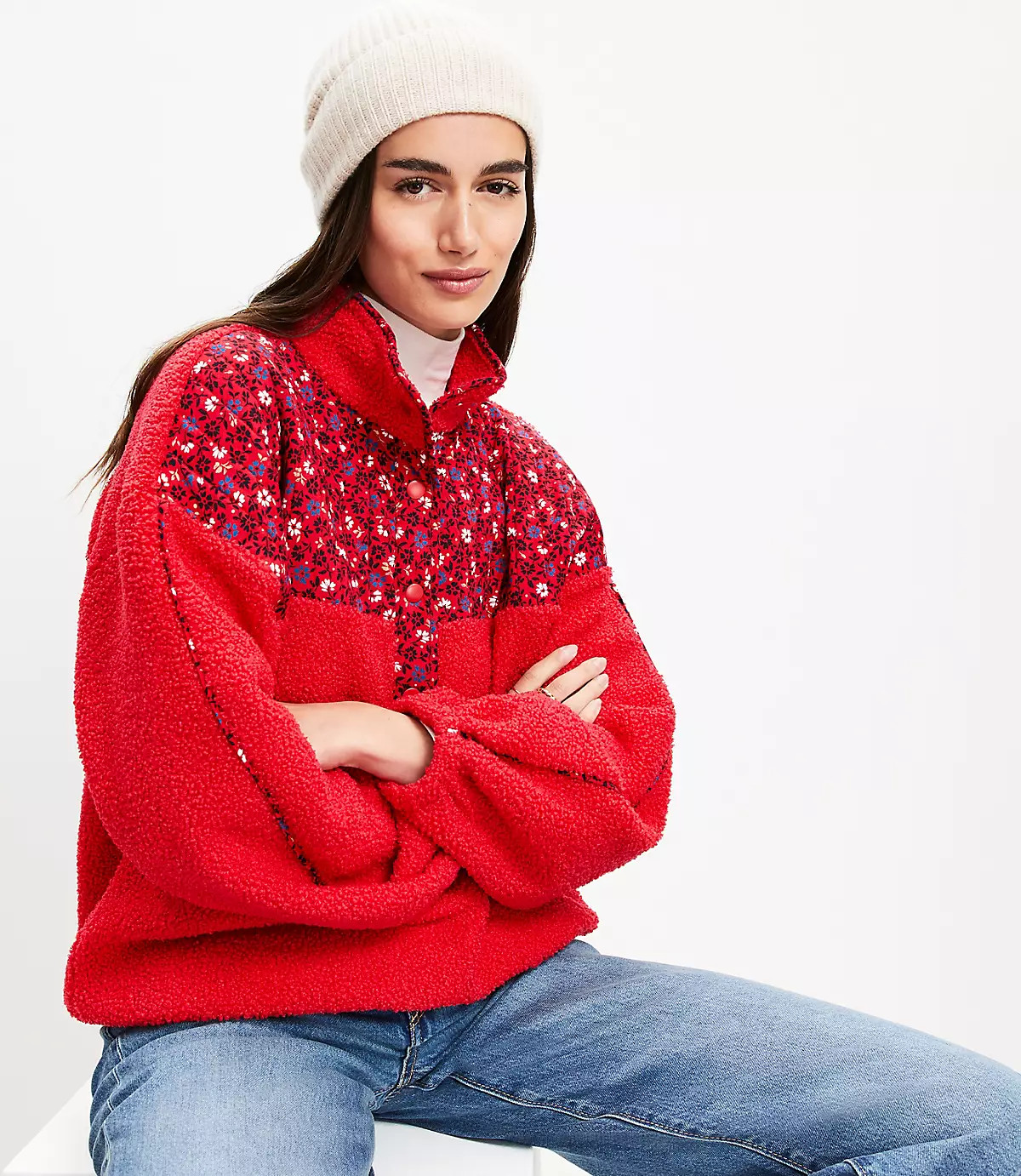 Floral Cozy Sherpa Mixed Media Sweatshirt | LOFT