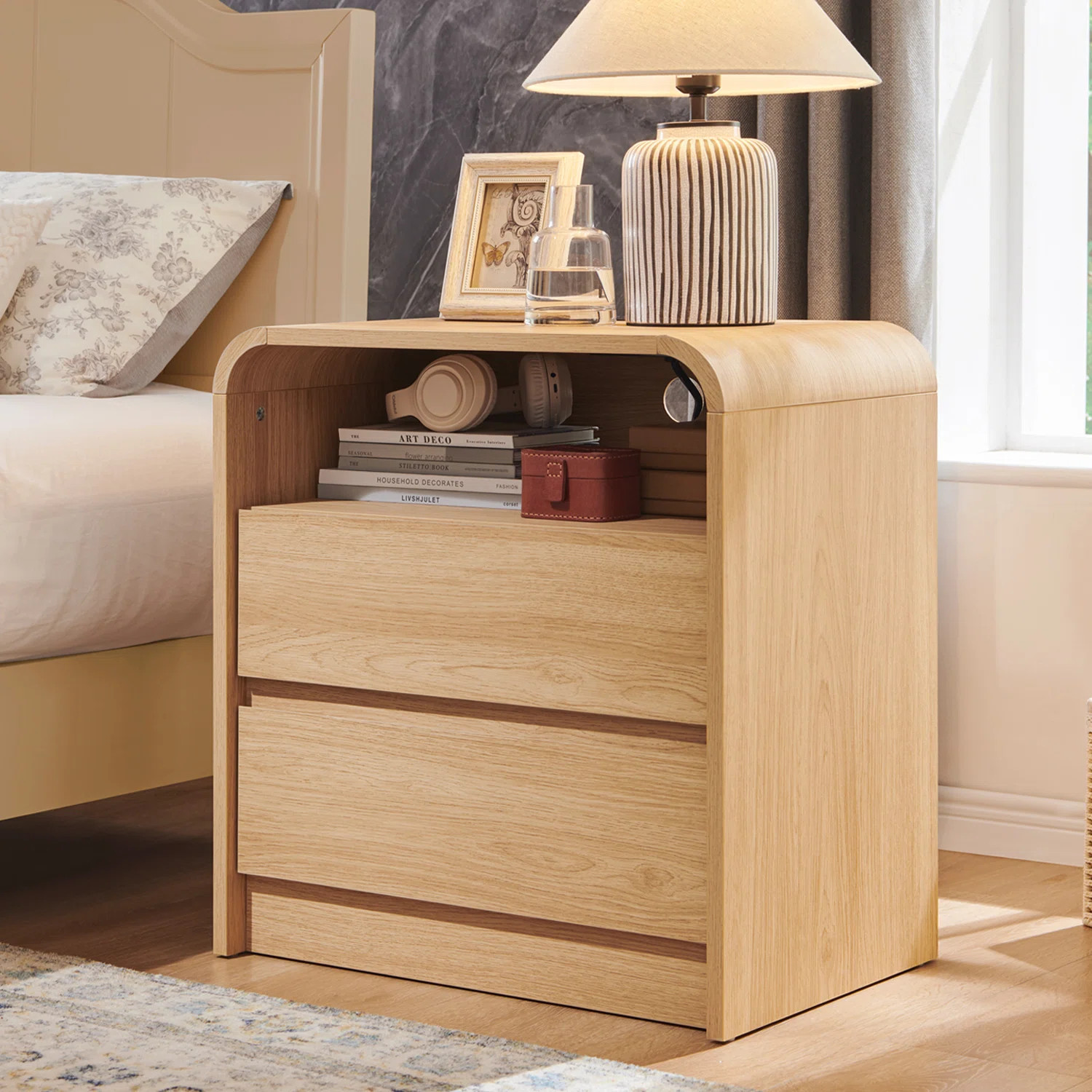 25" Tall Modern Nightstand with Charging Station, 23.6'' Wide Wood Bedside Table w/2 Storage Draw... | Wayfair North America