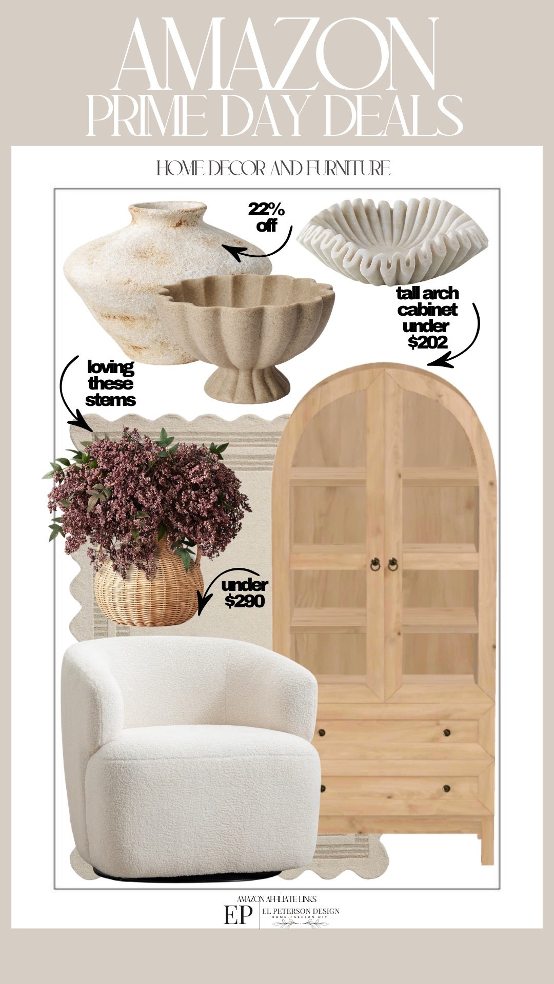 Amazon Prime Deals
Arch cabinet
Accent chair
Stems
Rug
Bowl
Vase

#LTKHome #LTKSaleAlert