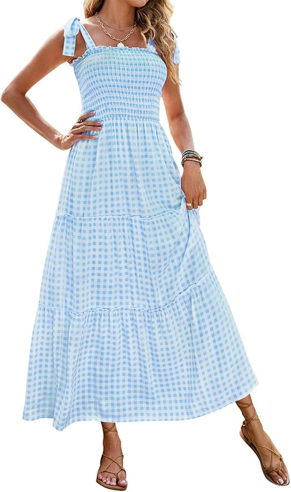 ZESICA Women's Boho Summer Floral Print Tie Straps Sleeveless Square Neck Smocked Flowy Ruffle A Lin | Amazon (US)