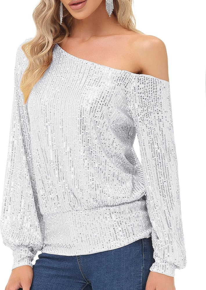 KANCY KOLE Sequin One Shoulder Sparkly Long Sleeve Tops for Holiday Evening Party Club Night | Amazon (US)