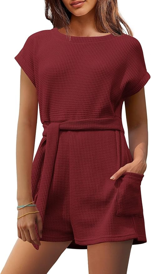 Panadila Womens Summer Casual Rompers Oversized Waffle Knit Loose Jumpsuit Tie Waist One Piece Ou... | Amazon (US)