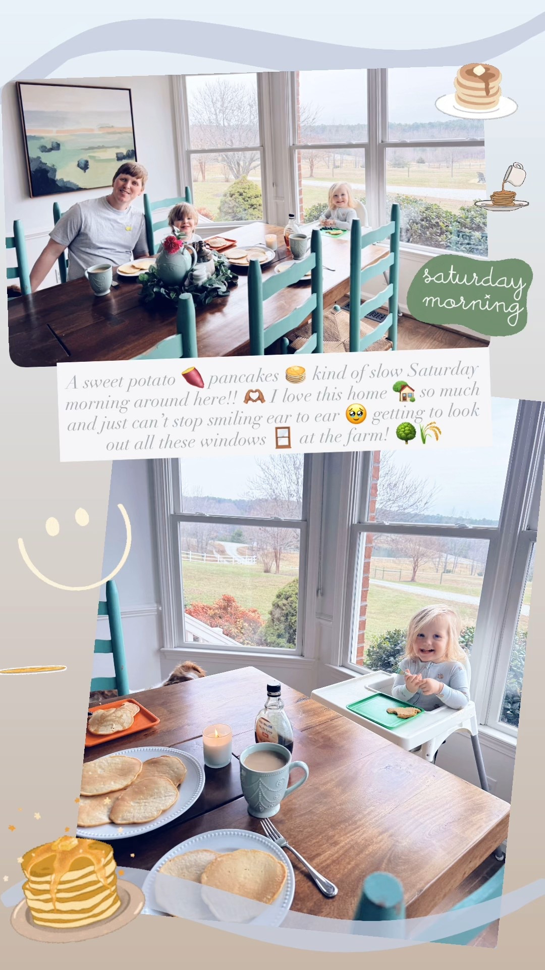 A sweet potato 🍠 pancakes 🥞 kind of slow Saturday morning around here!! 🫶🏽 I love this home 🏡 so much and just can’t stop smiling ear to ear 🥹 getting to look out all these windows 🪟 at the farm! 🌳🌾 