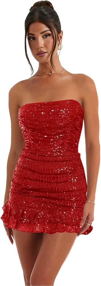 Sparkly Sequin Homecoming Dresses 2025 Strapless Short Tight Ruffle Mini Corset Cocktail Gown | Amazon (US)