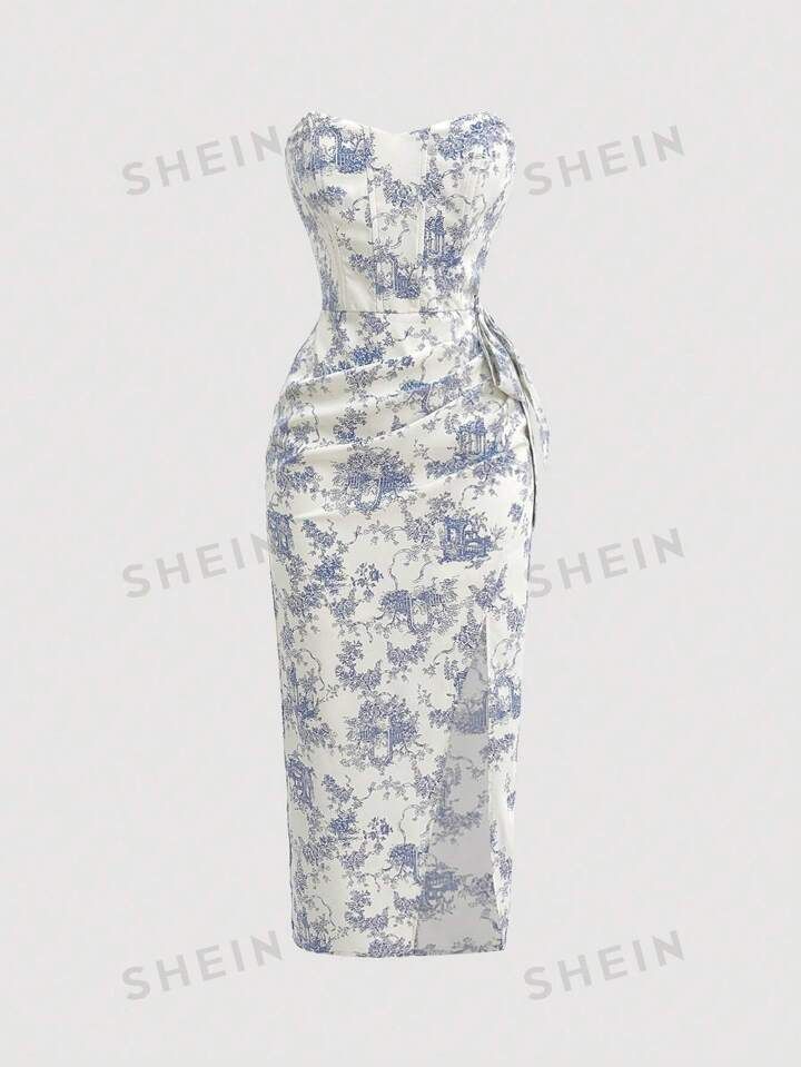 SHEIN MOD Women's Vintage Blue And White Porcelain Printed Strapless Bandage Bodycon Dress,,Easte... | SHEIN