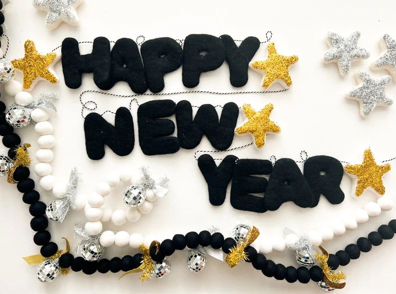 Happy New Year Felt Letter Garland With Glitter Stars Gold - Etsy | Etsy (US)