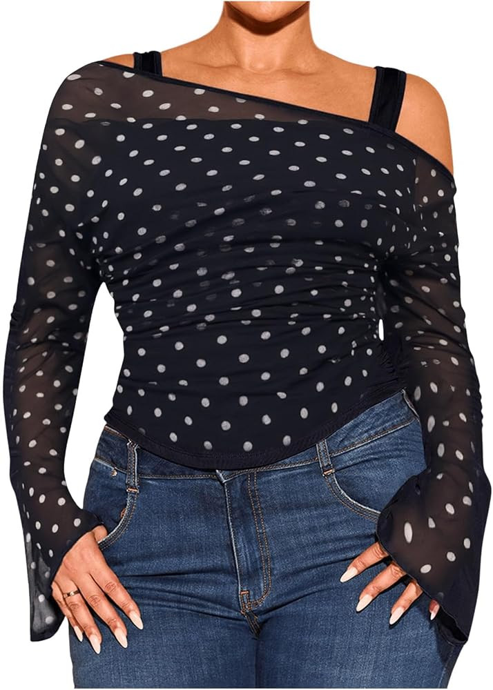 WDIRARA Women's Plus Size 2 in 1 Off Shoulder T Shirt Ruched Sheer Bell Long Sleeve Tee | Amazon (US)