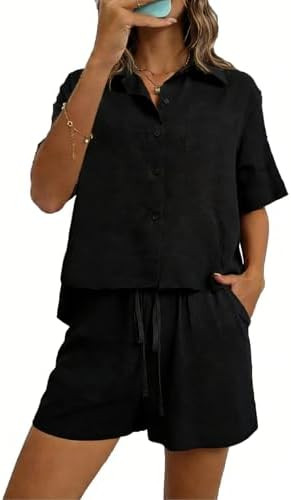 2 Piece Short Sets for Women Summer Short Sleeve Button Down High Low Shirt and Shorts Casual Bea... | Amazon (US)