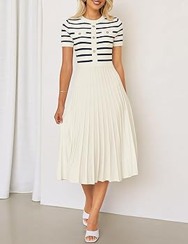 ZESICA Women's Casual Striped Midi Dress Crewneck Short Sleeve Button Ribbed Knit Swing Pleated A... | Amazon (US)
