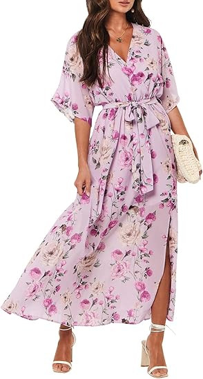 ANRABESS Womens 1/2 Sleeve Beach Wedding Guest Maxi Dresses 2026 Summer Wrap V Neck Boho Floral F... | Amazon (US)