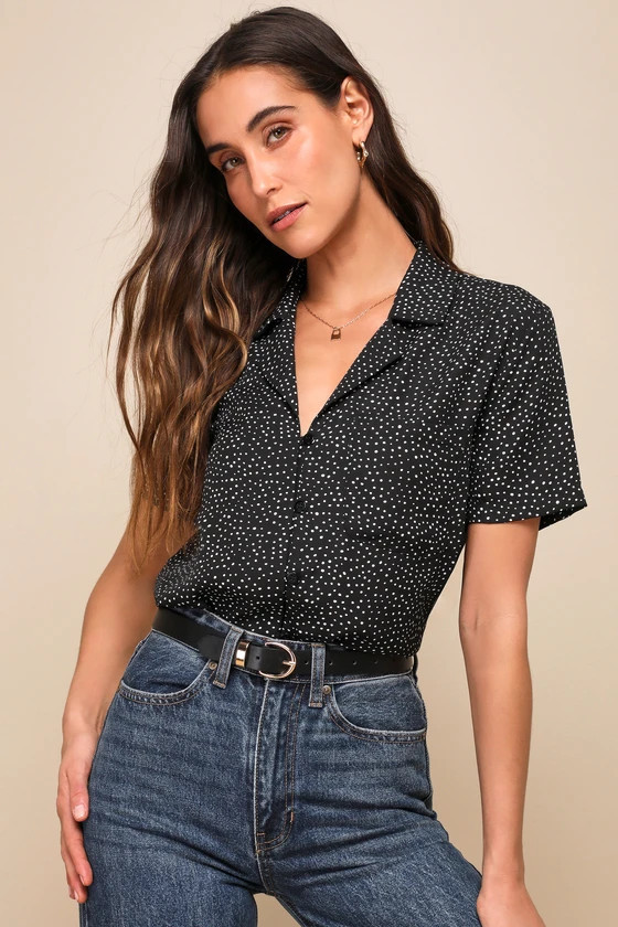 Good Luck Charm Black Polka Dot Short Sleeve Button-Up Top | Lulus