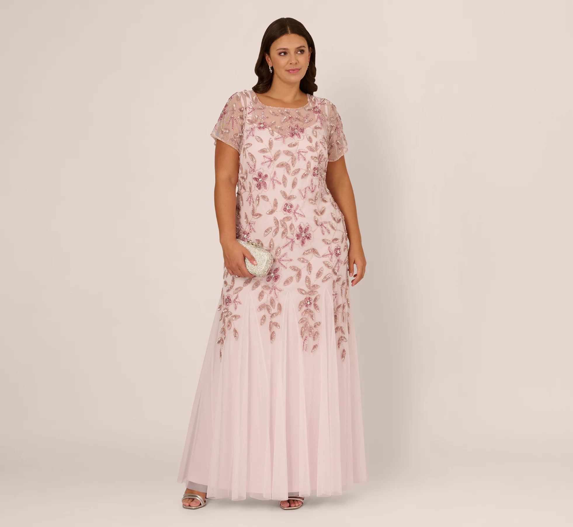 Plus Size Hand Beaded Short Sleeve Floral Godet Gown In Blush Pink | Adrianna Papell
