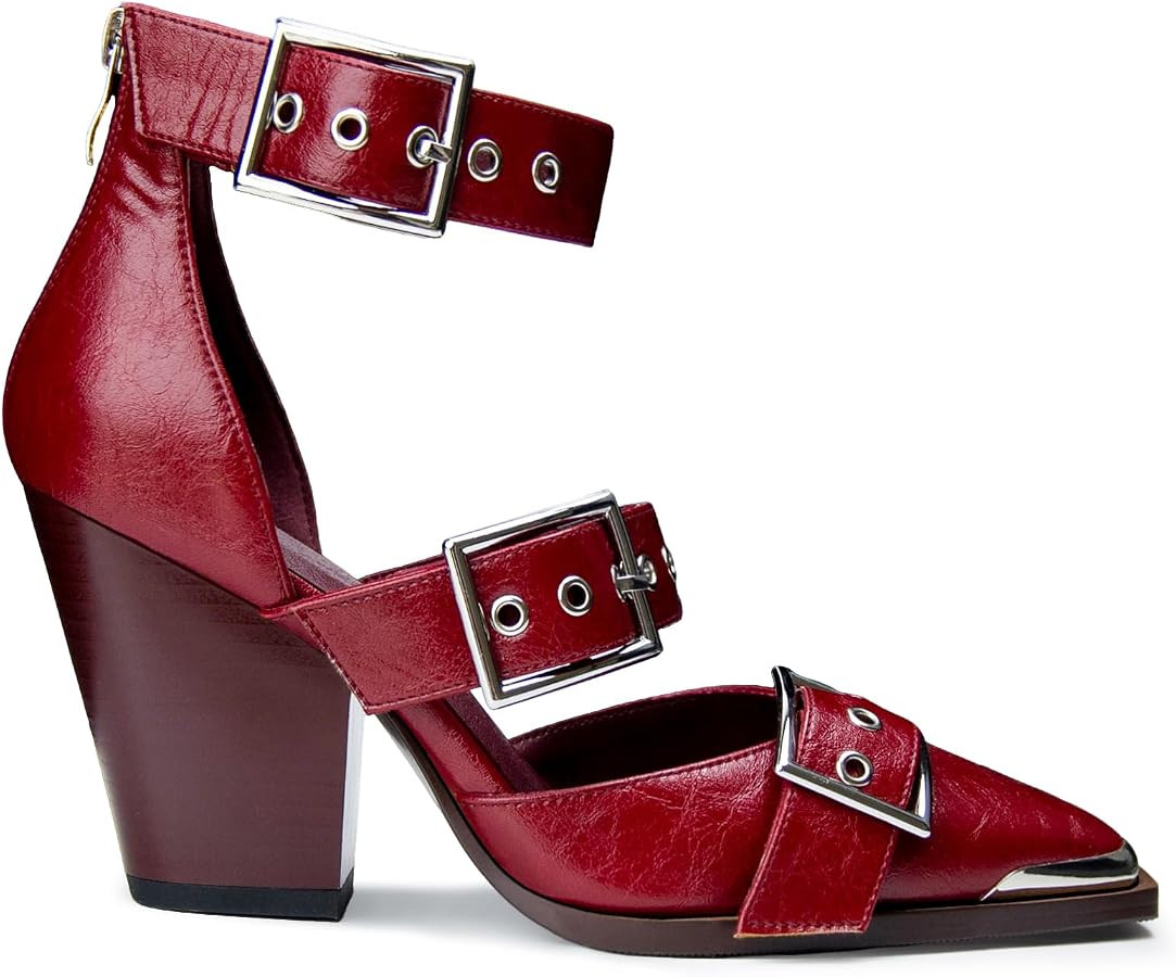 Western Sandals for Women Chunky Wedge Heels Pointed Toe Pumps Ankle Strap Metal Buckle Strappy H... | Amazon (US)