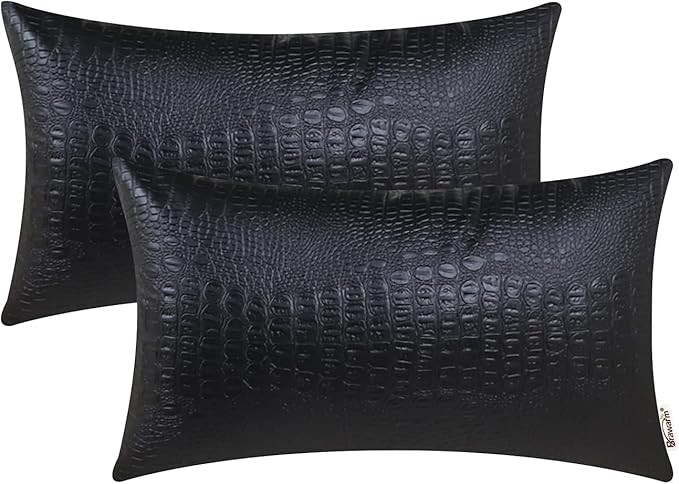 BRAWARM Faux Leather Pillow Covers 12 X 20 Inches, Black Leather Pillow Covers Pack of 2, Crocodi... | Amazon (US)