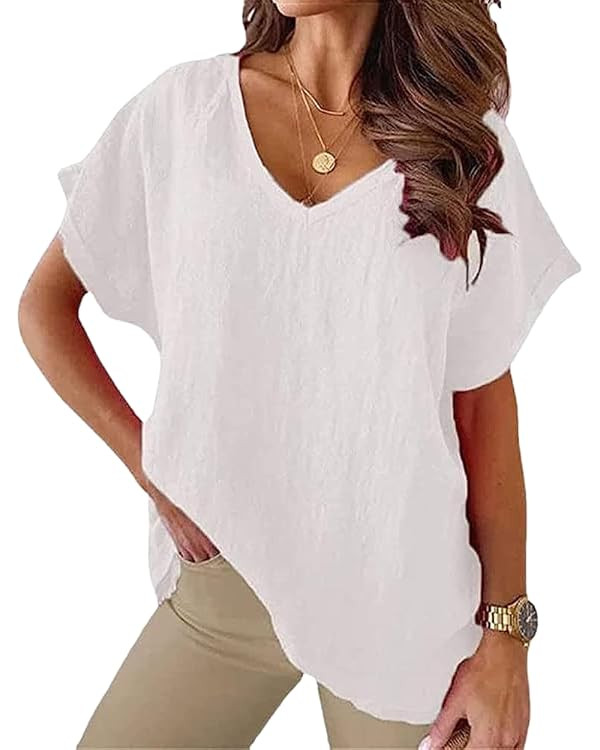 Womens Short Sleeve Cotton Linen Shirts Causal V-Neck Batwing Oversized T-Shirt Solid Color Loose... | Amazon (US)