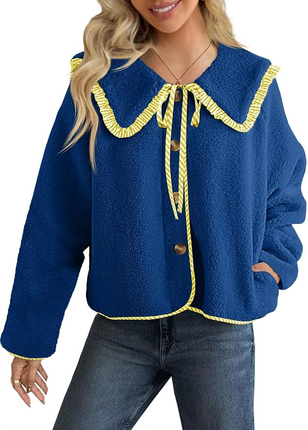 Tankaneo Womens Fuzzy Fleece Jacket Peter Pan Collar Button Down Fall Winter Sherpa Coats Colorbl... | Amazon (US)