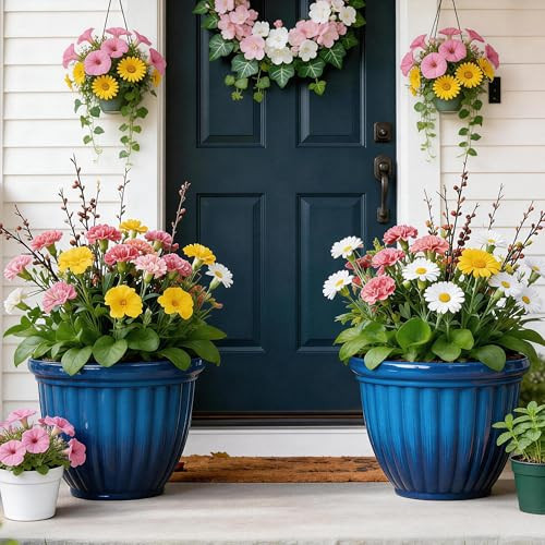 Autodaya 15" Large Flower Pots, Set of 2 Plastic Planters for Outdoor Indoor Plants with 3D Textures, Weather-Resistant for Porch, Garden, Patio or Indoor Use, Gradient Cobalt Blue | Amazon (US)