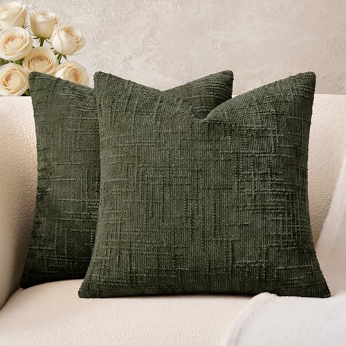 GriNeed Throw Pillow Covers Olive Green Set of 2 18x18 Inch Pillow Covers, Soft Chenille Neutral Decorative Covers for Couch Sofa Bed Living Room, Home Modern Farmhouse Boho Decor | Amazon (US)