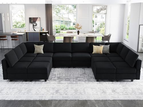 Belffin Oversized Modular sectional Sofa with Double Chaises U Shaped Sectional Sleeper Sofa Couch Reversible Sectional Sofas with Storage Velvet Black | Amazon (US)