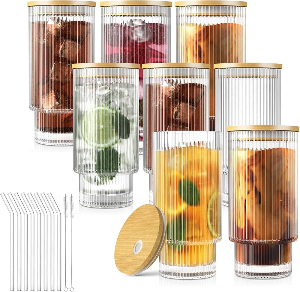 CWHHRN 8 Set Glass Cups, 16OZ Ribbed Glassware with Bamboo Lids and Glass Straws, Vintage Drinkin... | Amazon (US)