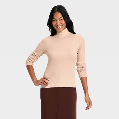 Women's Long Sleeve Ribbed Turtleneck Top - A New Day™ Beige L | Target
