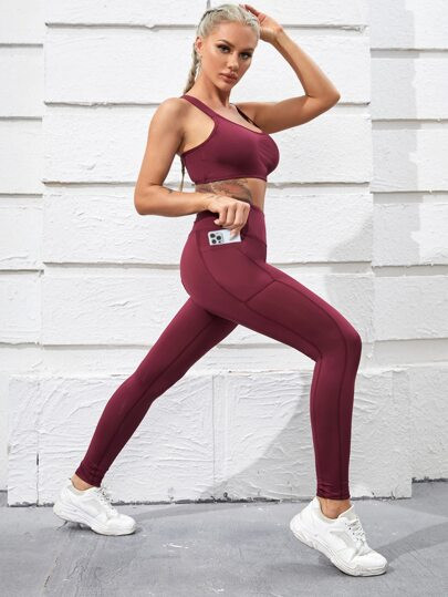 Solid Sports Bra & Leggings With Phone Pocket | SHEIN