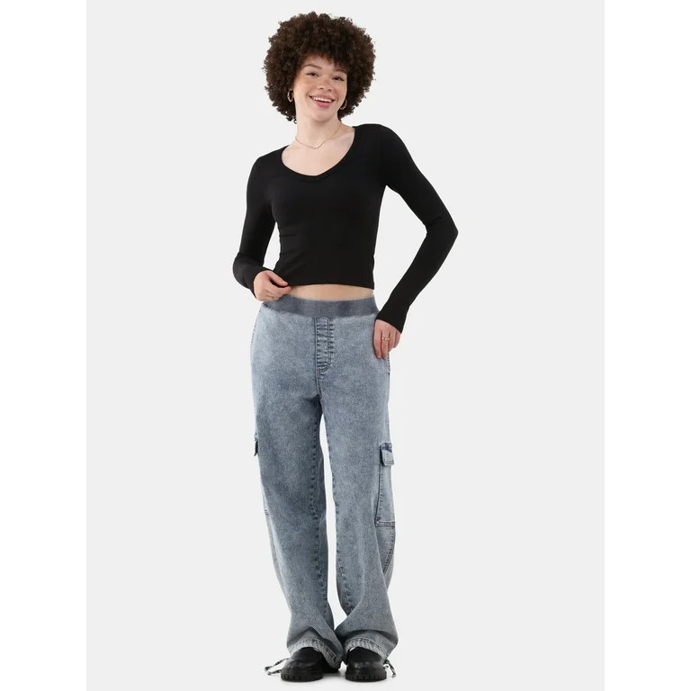 No Boundaries Seamless V-Neck Top with Long Sleeves, Women's - Walmart.com | Walmart (US)