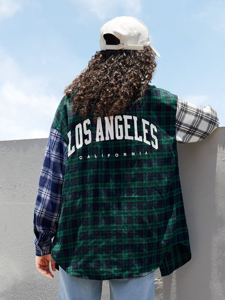 SHEIN Teen Girls Plaid & Letter Graphic Drop Shoulder Shirt | SHEIN