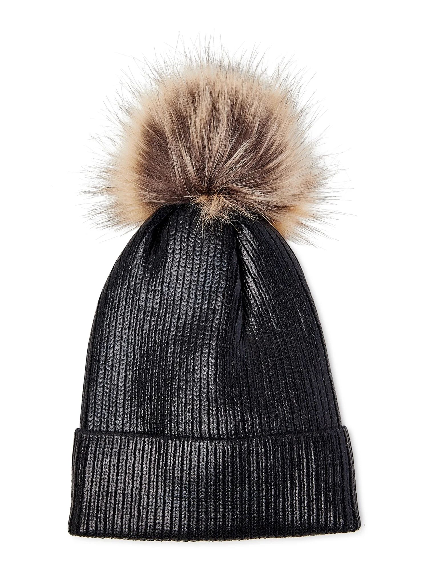 Scoop Women's Metallic Beanie Hat with Faux Fur Pom | Walmart (US)