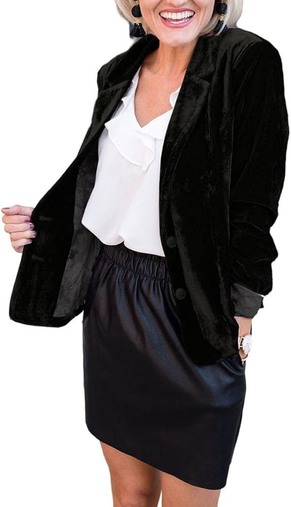 Women's Button Velvet Blazer Coat Slim Fit Casual Lapel Office Jacket Thin Suit | Amazon (US)