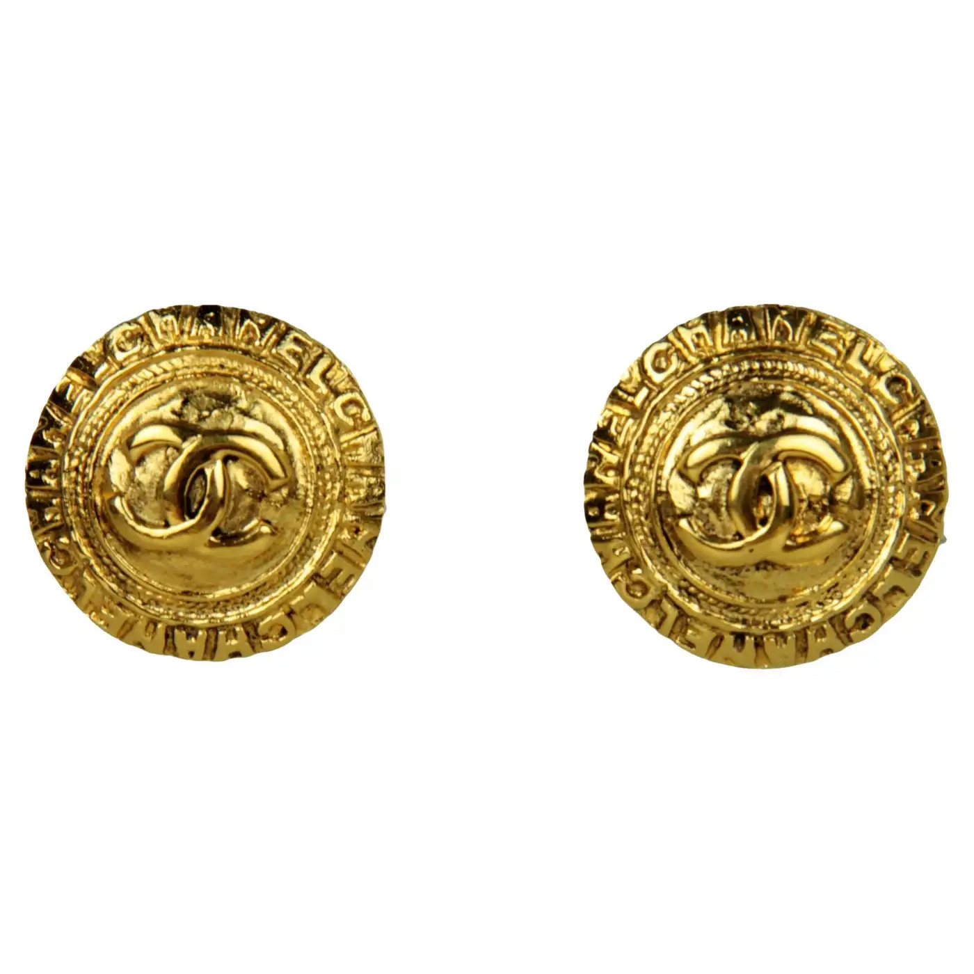 Chanel Vintage Goldtone 1" CC Button Clip-On Earrings | 1stDibs