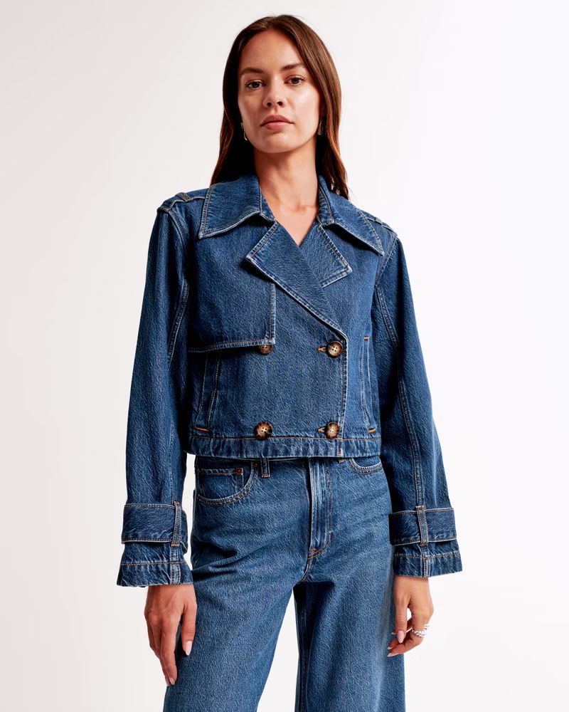 Women's Cropped Denim Trench Coat | Denim Jacket Outfits | Cropped Denim Jacket | Abercrombie & Fitch (US)